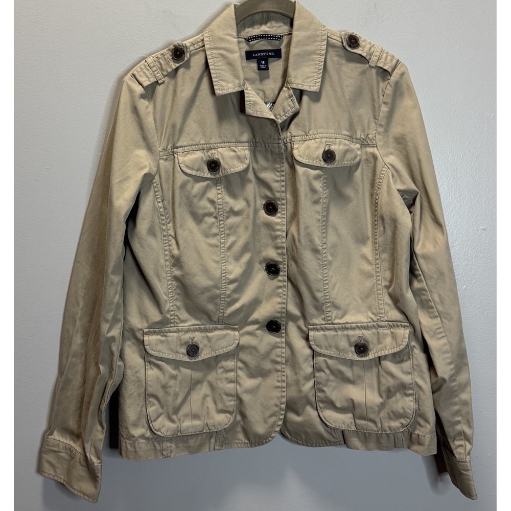 Lands End Jacket Women's Lightweight Summer Blazer Size 12 Khaki Safari Style